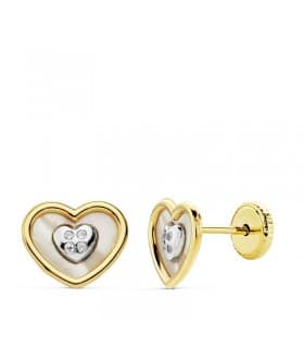 Pendientes Oro Bicolor 18 ktes Corazones Nácar