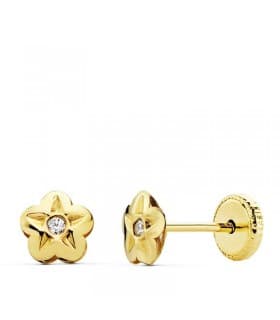 Orecchini bambina a fiore in oro giallo 18kt 750 Lupe, chiusura a vite e zirconi