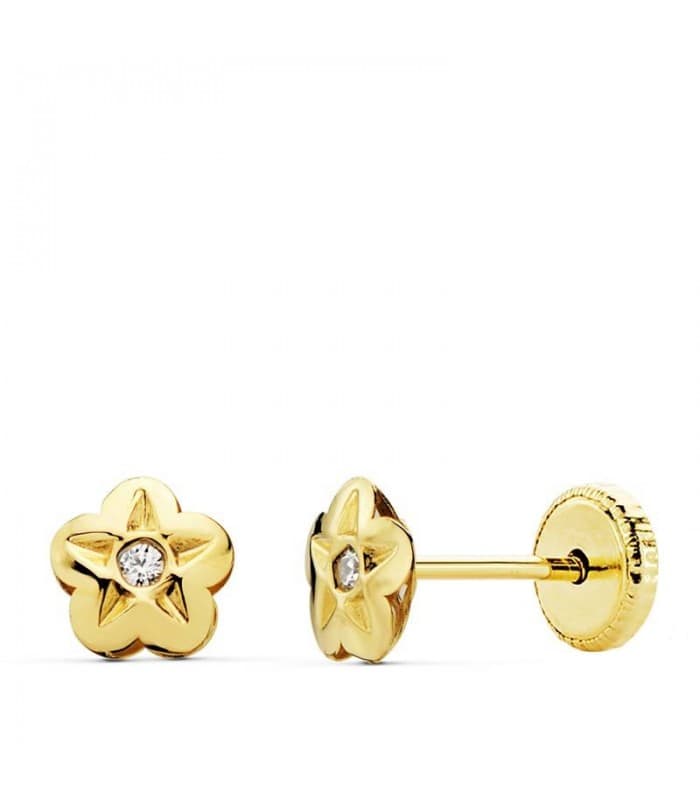 Pendientes niña flor oro amarillo 18 kilates Lupe, cierre tuerca