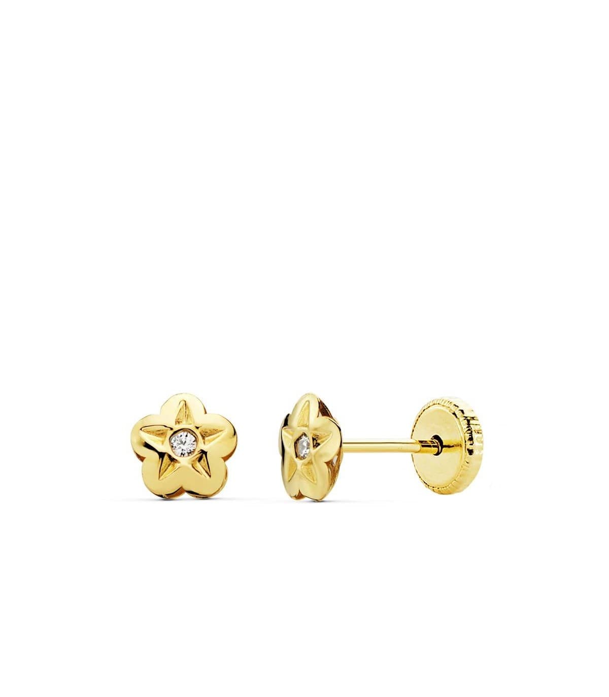 Pendientes niña flor oro amarillo 18 kilates Lupe, cierre tuerca