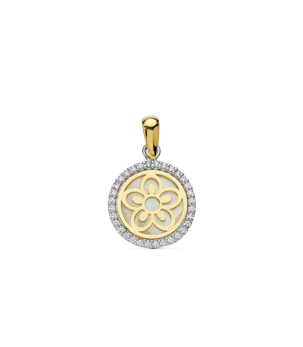 Collar de mujer oro bicolor 18k Colgante Jara flor orla Gargantilla