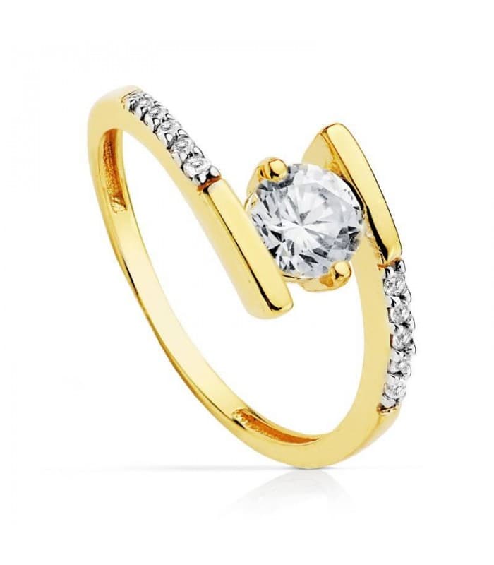 Solitario Mujer Oro amarillo 18k Juncia Anillo pedida Boda brillante circonita