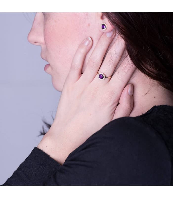 Pendientes oro amarillo Candida amatista 18 Ktes piedra purpura sortija y pendientes