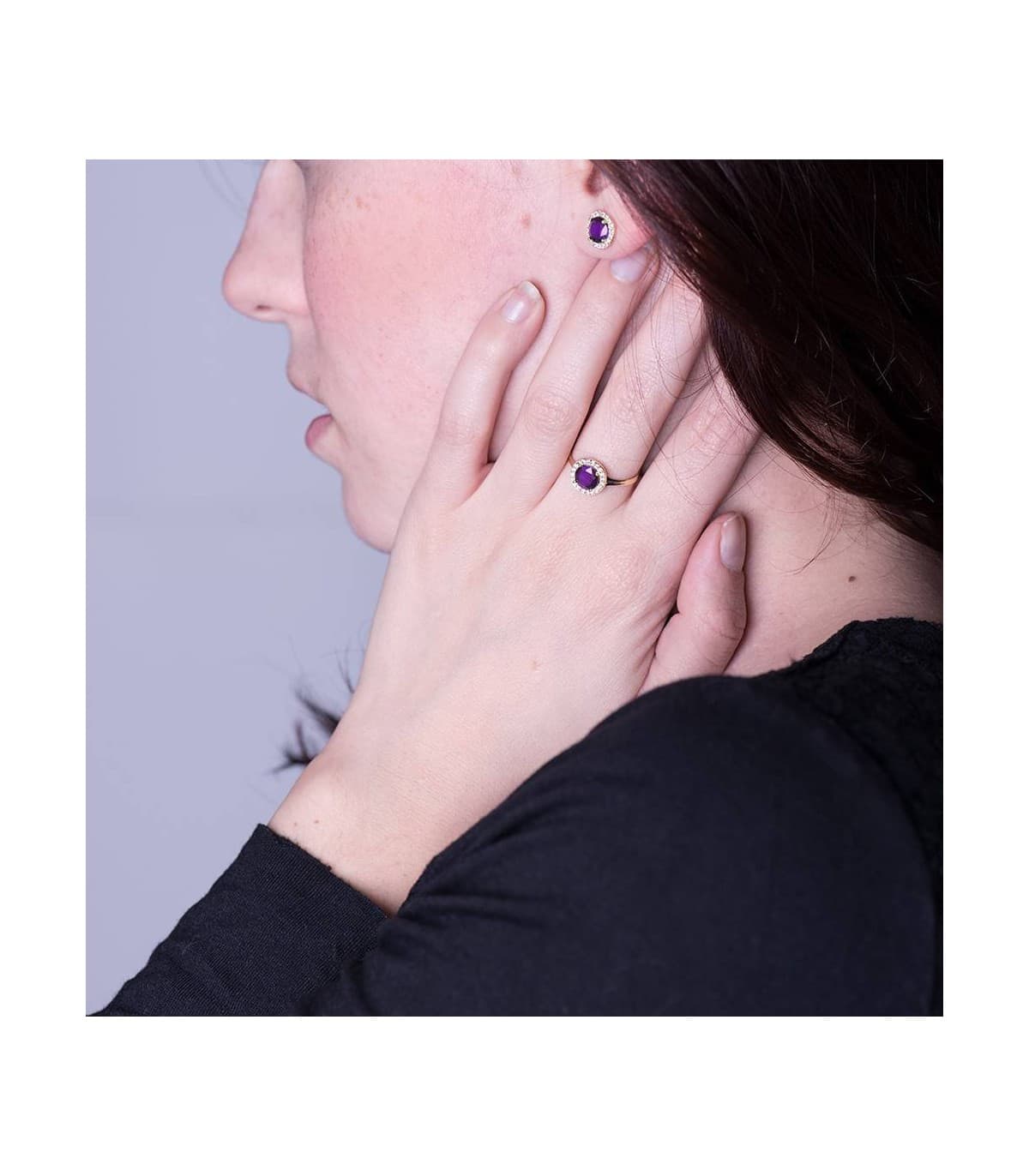 Ohrstecker mit Zirkonia 9 mm Amethyst - Runder Ohrringe für Damen aus 18K Gold.