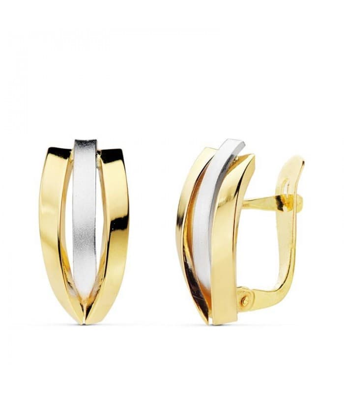 Orecchini fascia oro bicolore 18 kt, con design bombato e curvo, per donna.