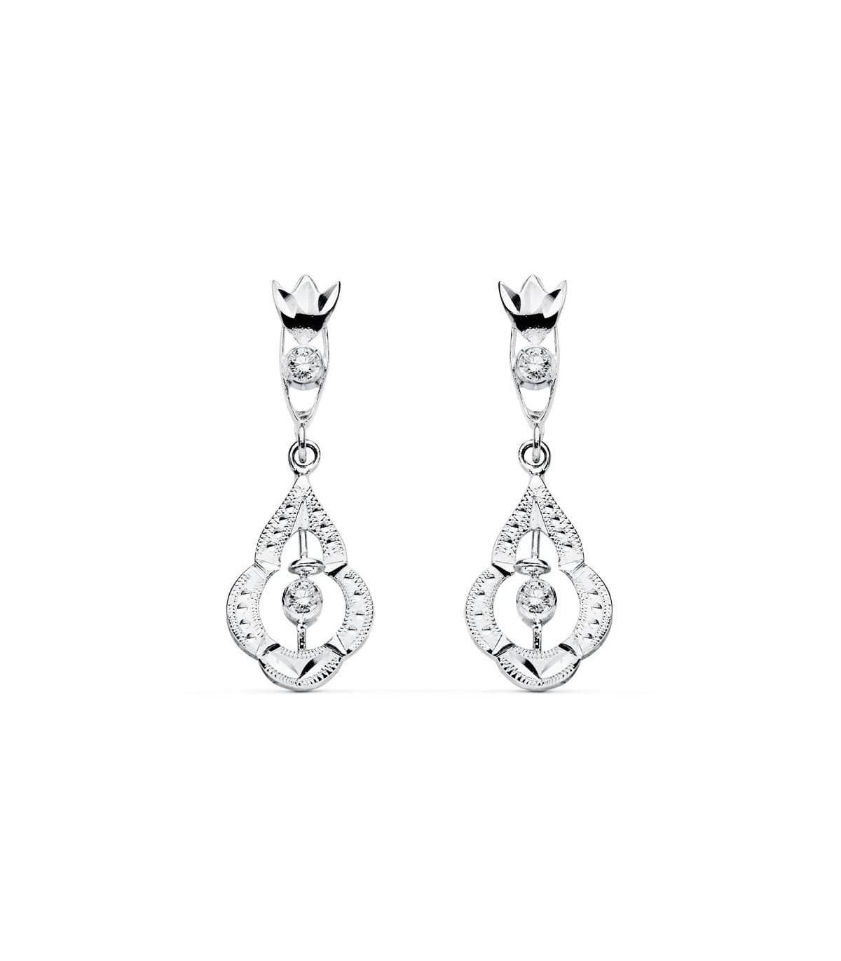 Orecchini pendenti stile fantasia ricamati, ideale da sposa, in oro bianco 18kt - Principessa Suleika