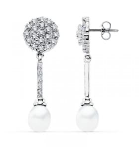 Pendientes de boda en oro blanco de 18 kilates circonitas talla brillante y perla cultivada. Joyería online.