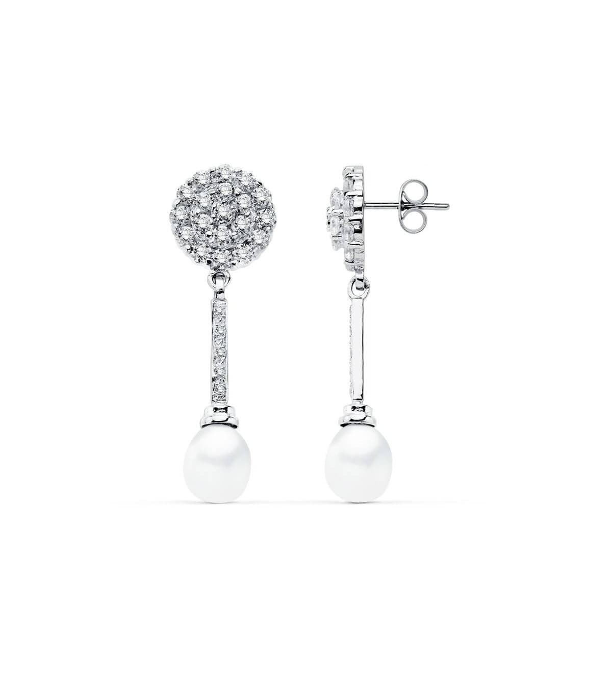Pendientes de boda en oro blanco de 18 kilates circonitas talla brillante y perla cultivada. Joyería online.