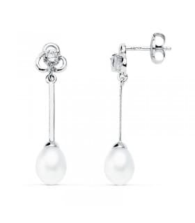 Pendientes de boda en oro blanco de 18 kilates circonitas talla baguette y perla cultivada. Joyería online.