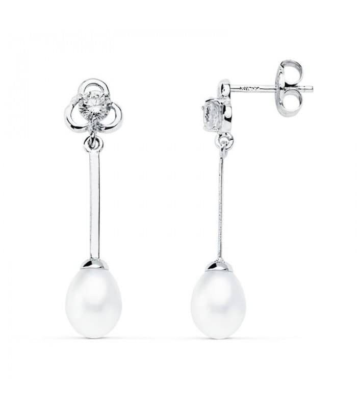 Pendientes de boda en oro blanco de 18 kilates circonitas talla baguette y perla cultivada. Joyería online.