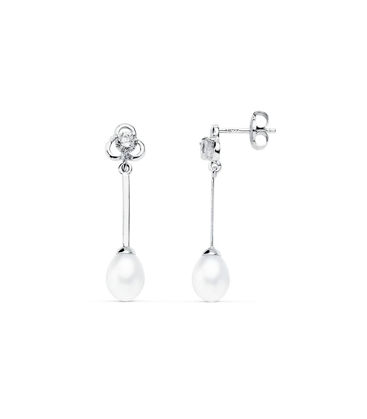 Pendientes de boda en oro blanco de 18 kilates circonitas talla baguette y perla cultivada. Joyería online.
