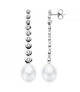 Pendientes de boda en oro blanco de 18 kilates circonitas chatón y perla cultivada. Joyería online.