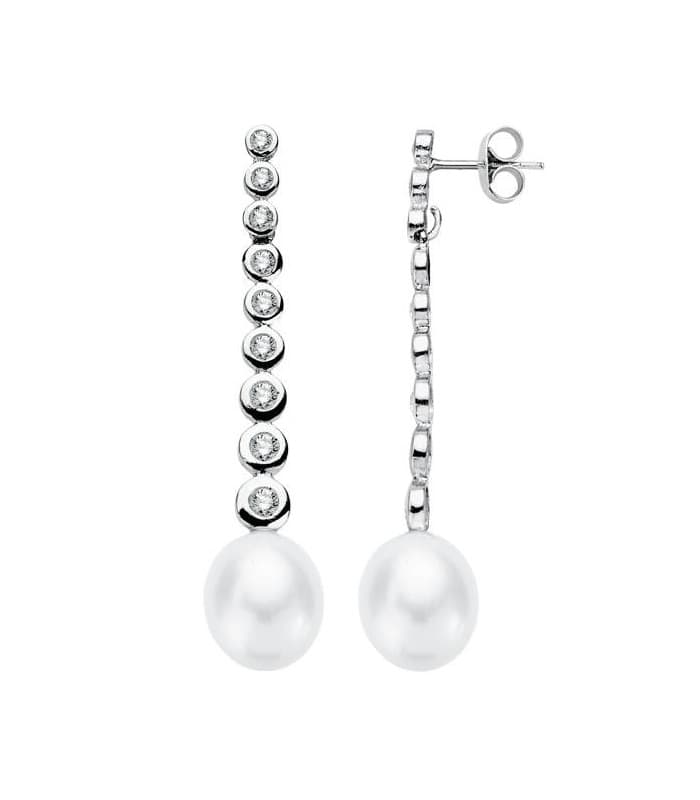 Pendientes de boda en oro blanco de 18 kilates circonitas chatón y perla cultivada. Joyería online.