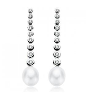 Pendientes de boda en oro blanco de 18 kilates circonitas chatón y perla cultivada. Joyería online.