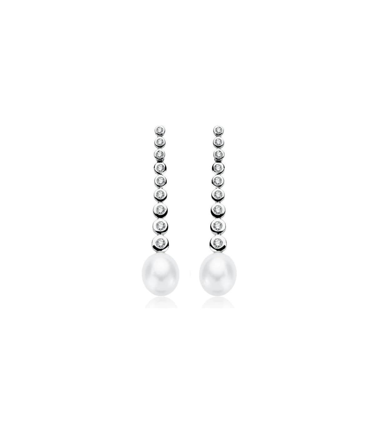 Pendientes de boda en oro blanco de 18 kilates circonitas chatón y perla cultivada. Joyería online.