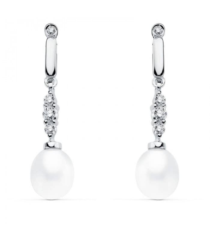 Pendientes de boda en oro blanco de 18 kilates circonitas chatón y perla cultivada. Joyería online.