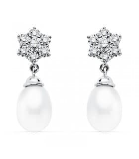 Pendientes de boda en oro blanco de 18 kilates circonitas chatón y perla cultivada. Joyería online.