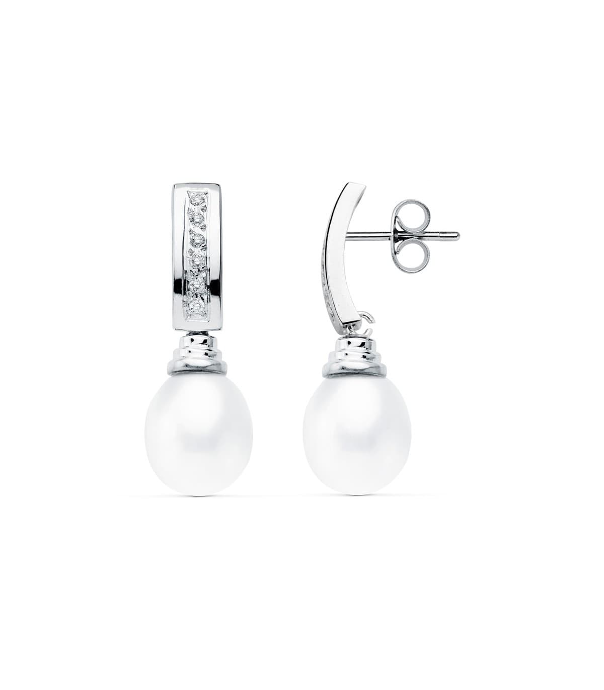 Pendientes de boda en oro blanco de 18 kilates circonitas chatón y perla cultivada. Joyería online.