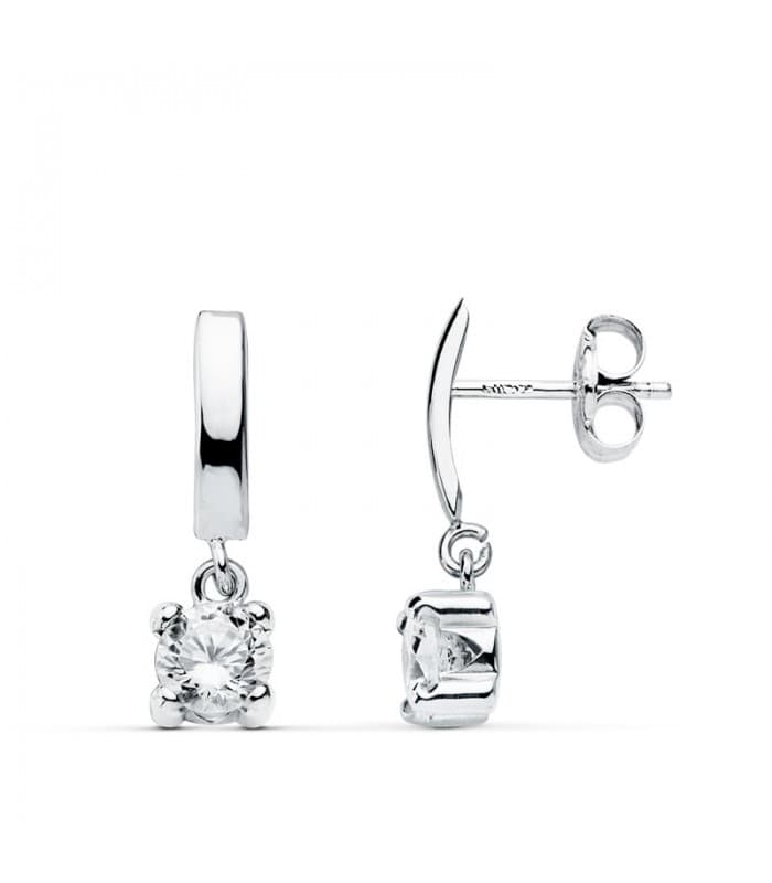 Pendientes de boda en oro blanco de 18 kilates circonitas chatón y punto de luz. Joyería online.