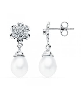 Pendientes de boda en oro blanco de 18 kilates circonitas chatón y perla cultivada. Joyería online.