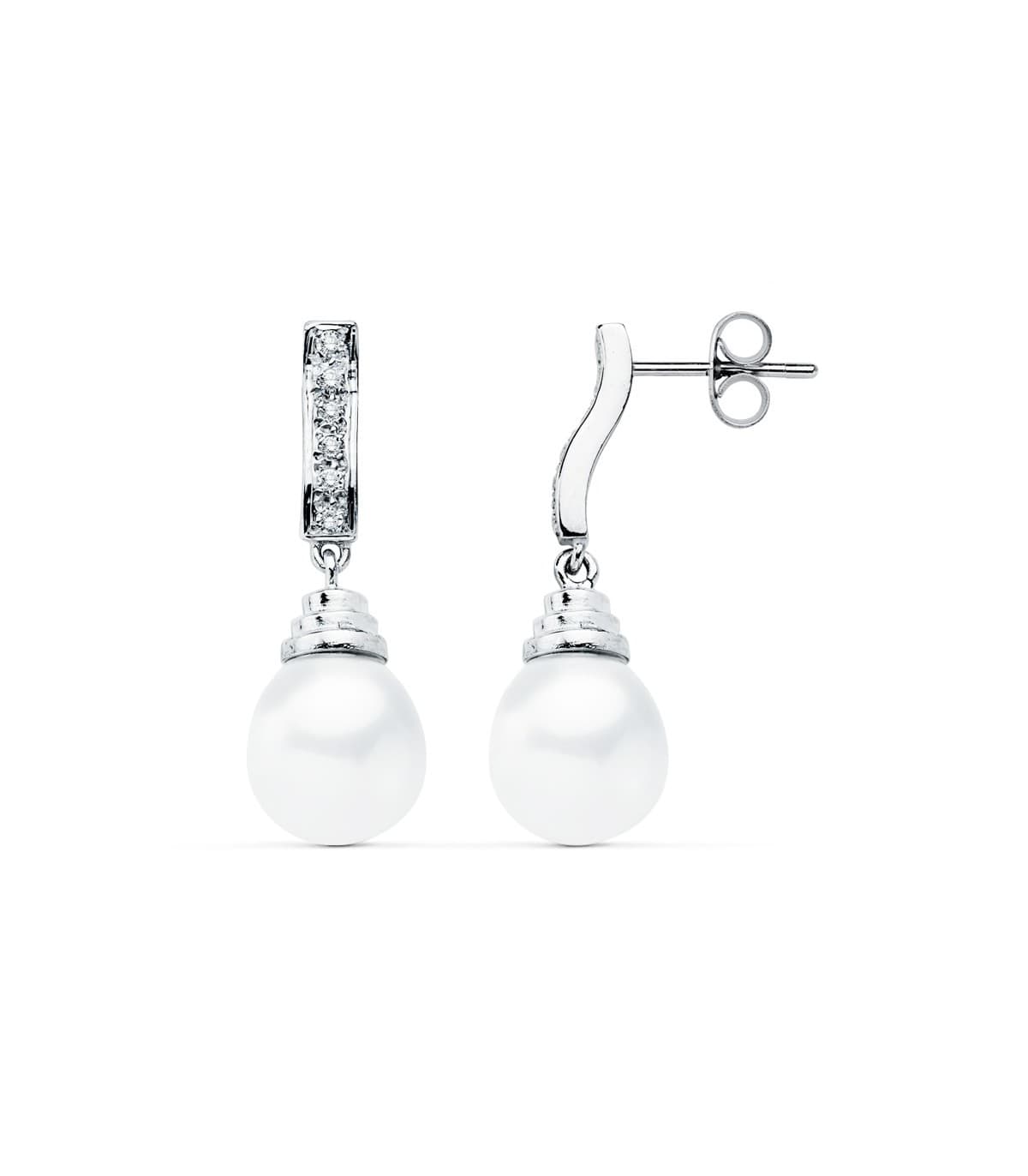 Pendientes de boda en oro blanco de 18 kilates circonitas chatón y perla cultivada. Joyería online.