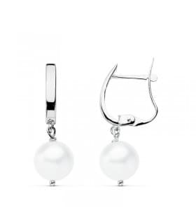 Pendientes colgantes de boda vintage en oro blanco de 18 kilates circonitas chatón y perla cultivada. Joyería online.