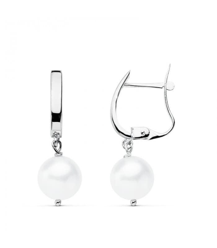 Pendientes colgantes de boda vintage en oro blanco de 18 kilates circonitas chatón y perla cultivada. Joyería online.