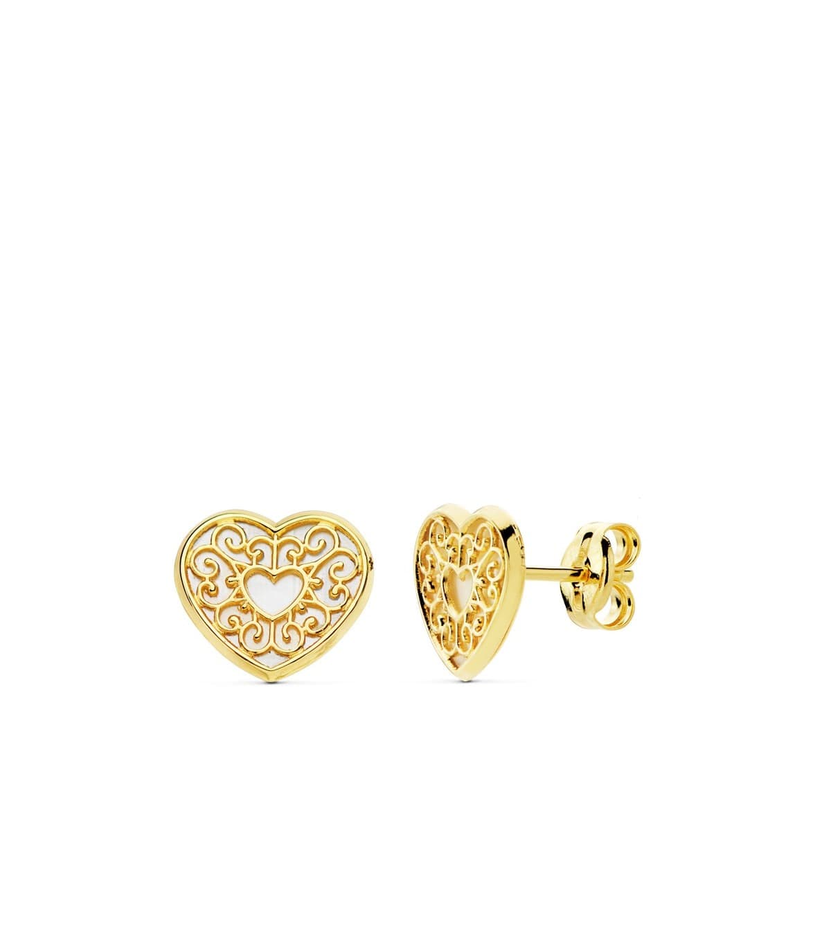 Oreccini cuore a lobo in oro giallo 18k con madreperla, regalo di San Valentino.