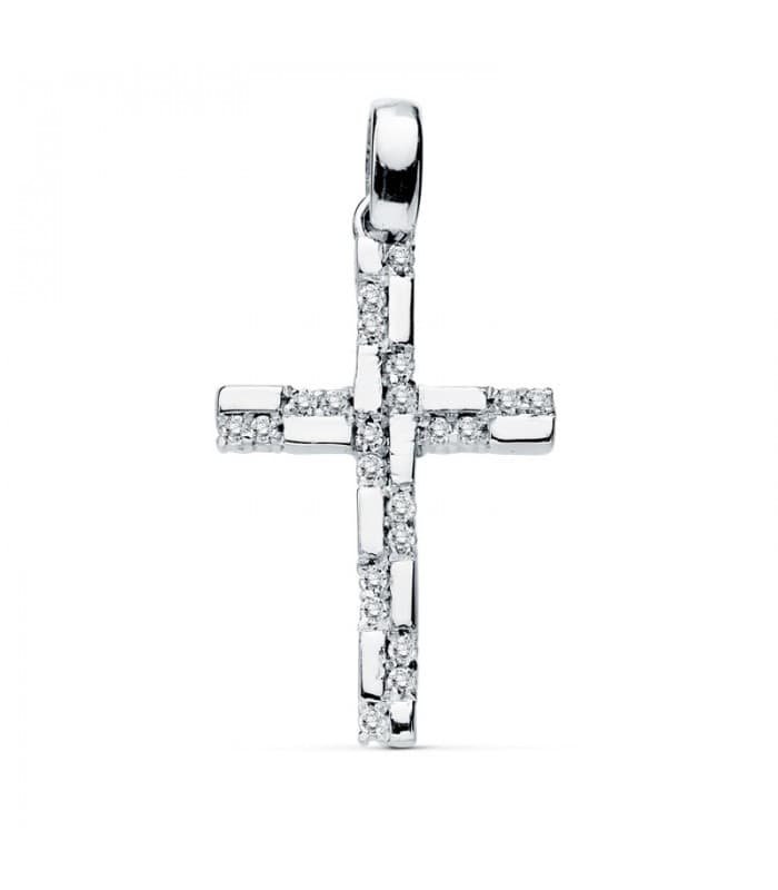 Colgante de mujer oro blanco 18 kilates Cruz Gemas III. Mide 19 mm.