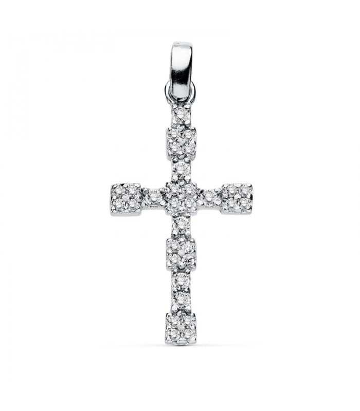 Colgante de juvenil niña o mujer de oro blanco 18 kilates Cruz Gemas IV. Mide 21 mm.