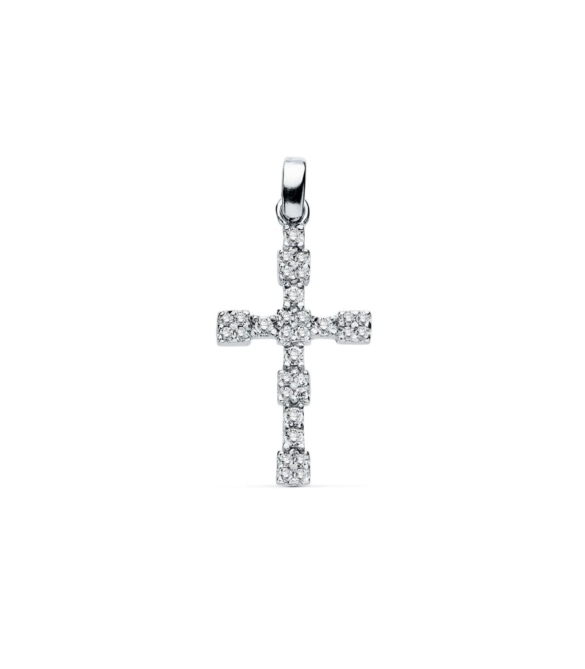 Colgante de juvenil niña o mujer de oro blanco 18 kilates Cruz Gemas IV. Mide 21 mm.