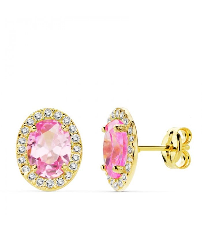 Orecchini punto luce Alessia, ideale da donna, in oro giallo 18kt rosetta con pietra rosa