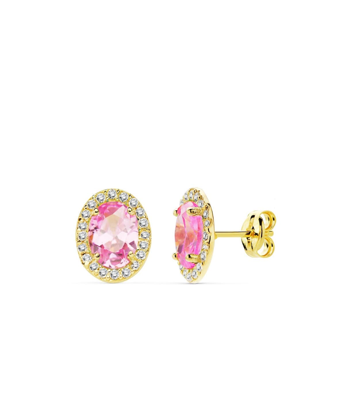 Orecchini punto luce Alessia, ideale da donna, in oro giallo 18kt rosetta con pietra rosa
