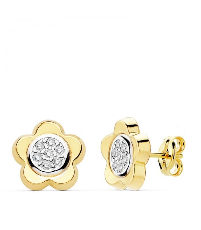 Damenohrstecker Blumen mit Zirkonia - Ohrringe Damen aus 18K Gelbgold