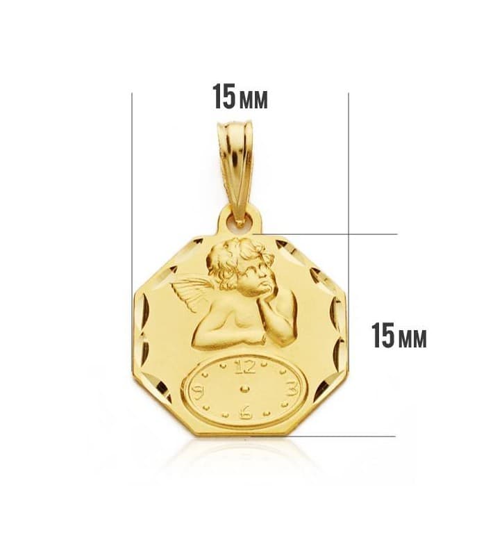 Médaille  Ange et horloge octogonale or 18K