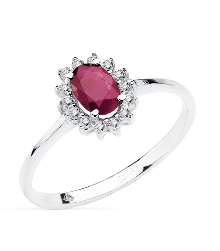 Anello da donna con rubino e diamanti. Anello in oro bianco 18 carati. Gioielleria online.