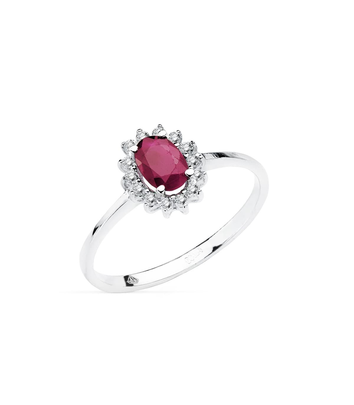 Anello da donna con rubino e diamanti. Anello in oro bianco 18 carati. Gioielleria online.