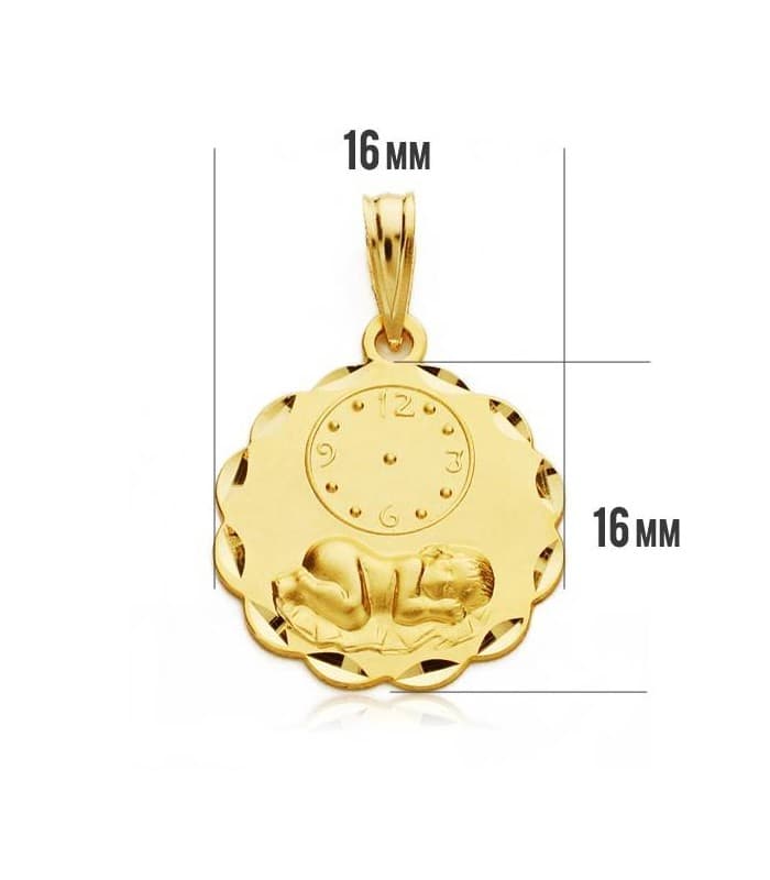 Médaille enfant et horloge feuilles or 18 carats