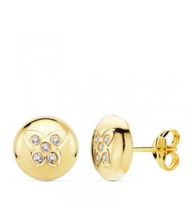 Orecchini bottone con farfalla e zirconi, in oro giallo 18 kt 8,5 mm, ideale per donna e ragazza.