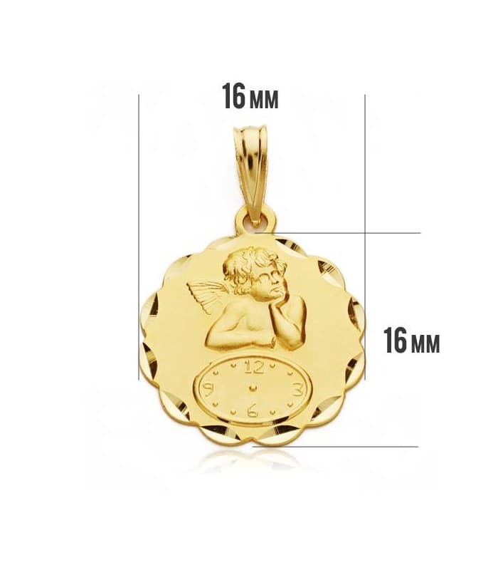 Médaille Ange avec horloge Feuilles Or 18K