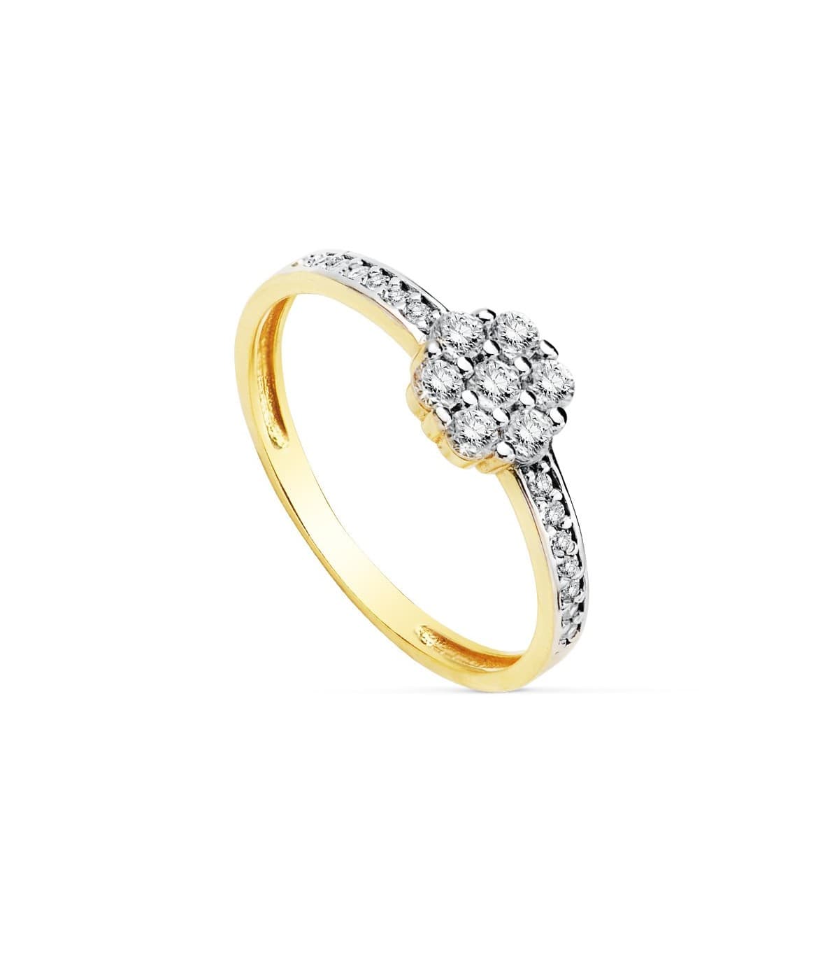 Sortija de Mujer Oro amarillo 18K Jaione Flor cuajo circonitas engastadas en carril