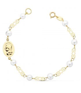 Pulsera de  Comunión de Oro 18 kilates 16 cm con Perlas y Medalla Virgen Niña personalizada