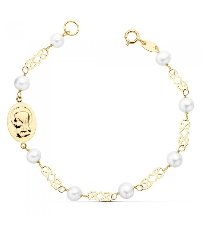 Bracelet 1ère Communion 18k 16 cm Perles Et Médaille Vierge fille