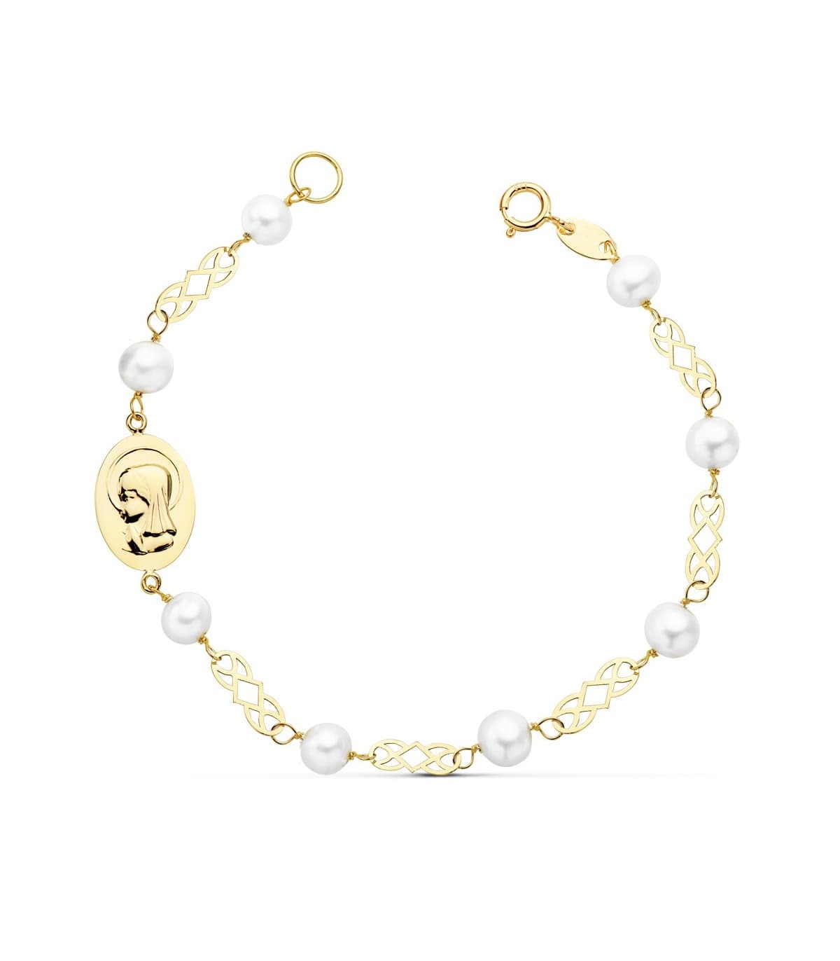 Pulsera de  Comunión de Oro 18 kilates 16 cm con Perlas y Medalla Virgen Niña personalizada
