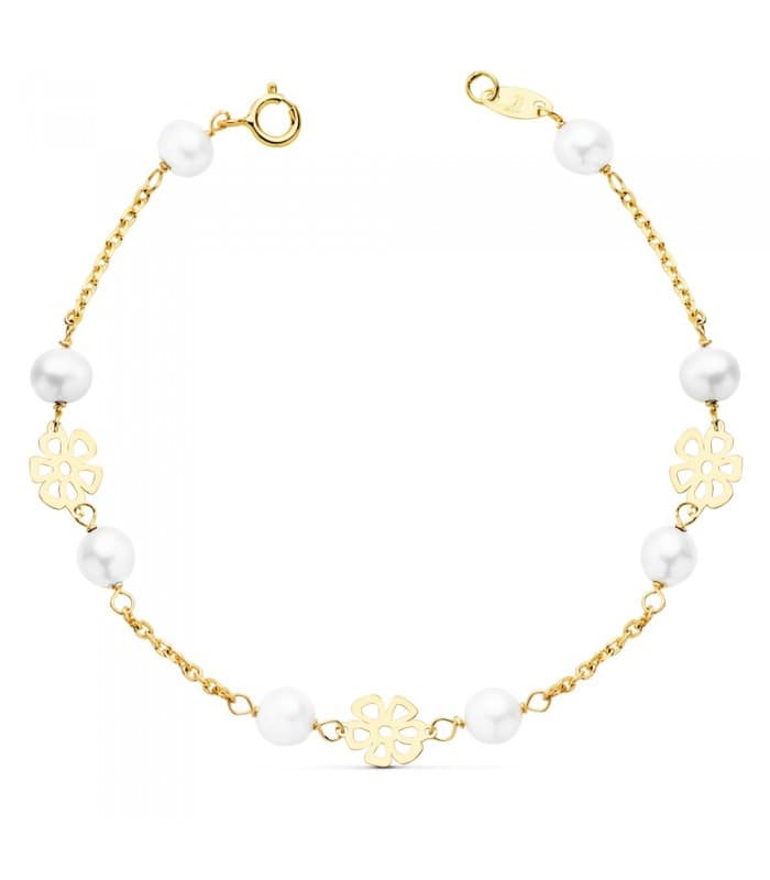 Pulseras de niña Matilde 1ª  Comunión Oro 18k 17 cm Flores y Perlas