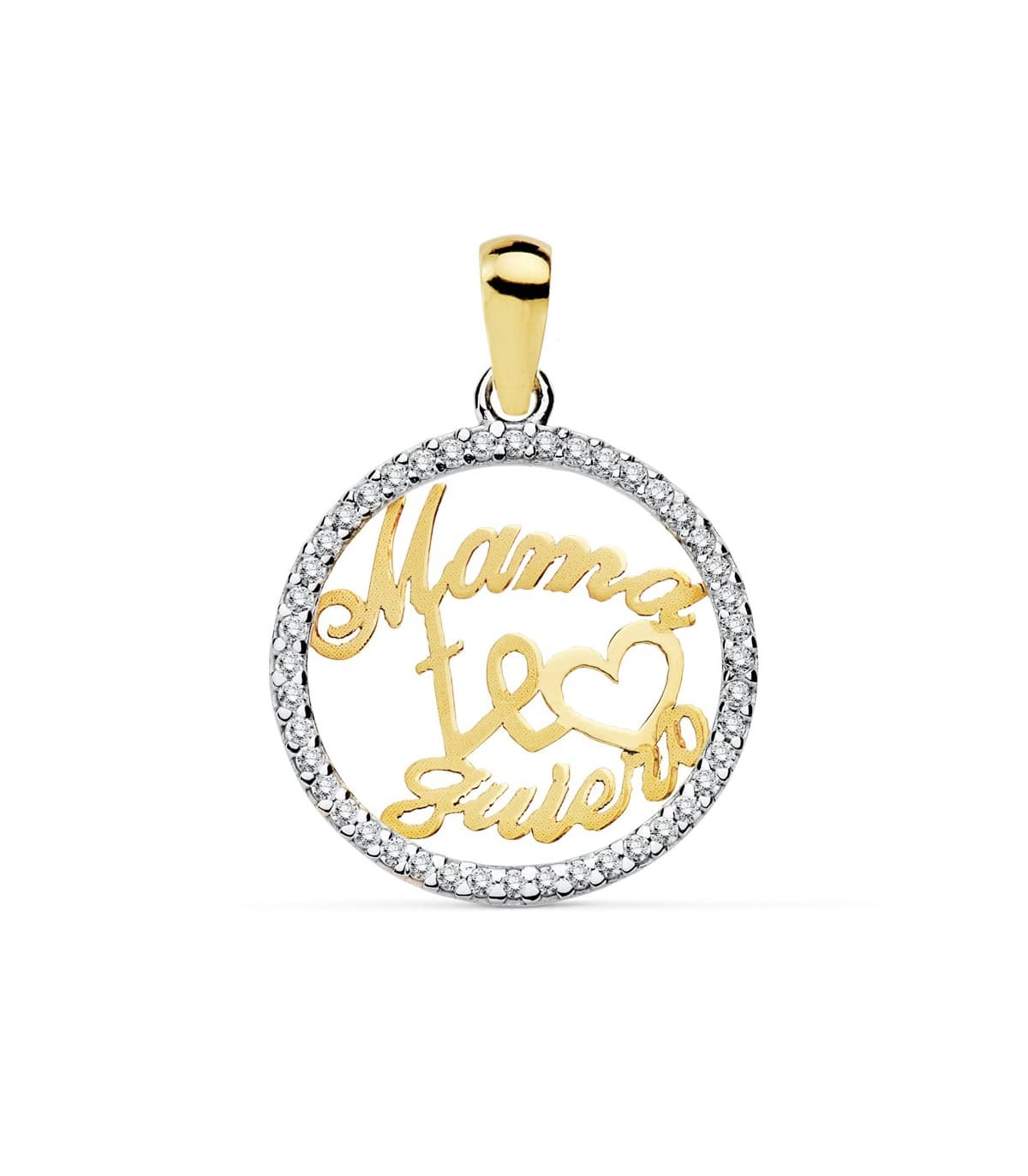 Colgante "Te quiero mamá" Oro Bicolor 18K Circonitas 16mm