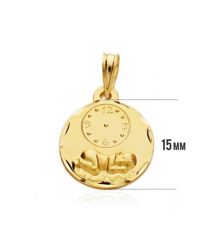 Médaille enfant et horloge ronde or 18 carats