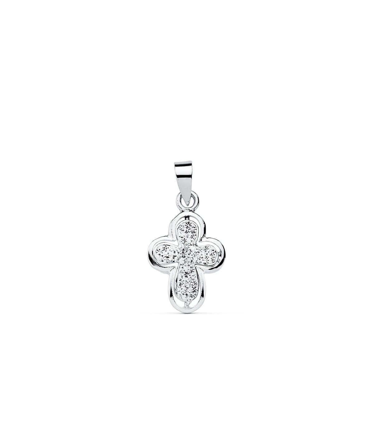 Ciondolo croce da donna oro bianco 9Kt zirconi 16mm