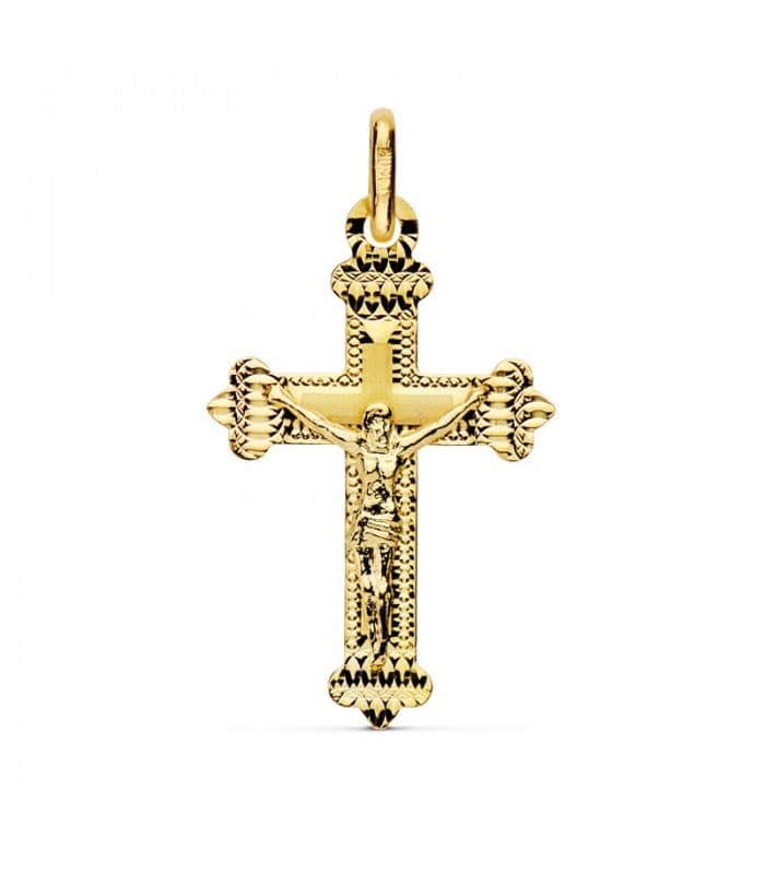 Croce trilobata Cristo in oro giallo 18kt 23 mm a lastra - Gioielli religiosi