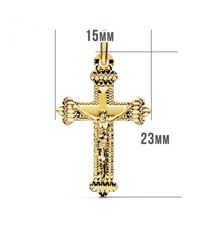 Croce trilobata Cristo in oro giallo 18kt 23 mm a lastra - Gioielli religiosi